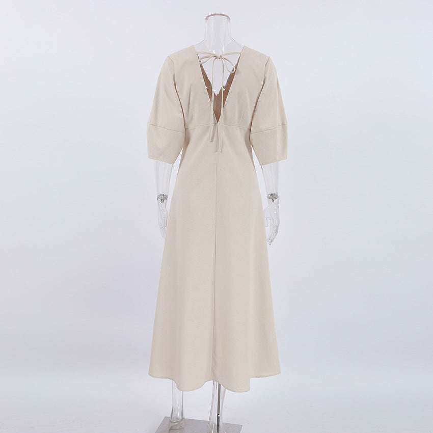 Linen V-Neck Button-Front Puff-Sleeve Midi Dress 10