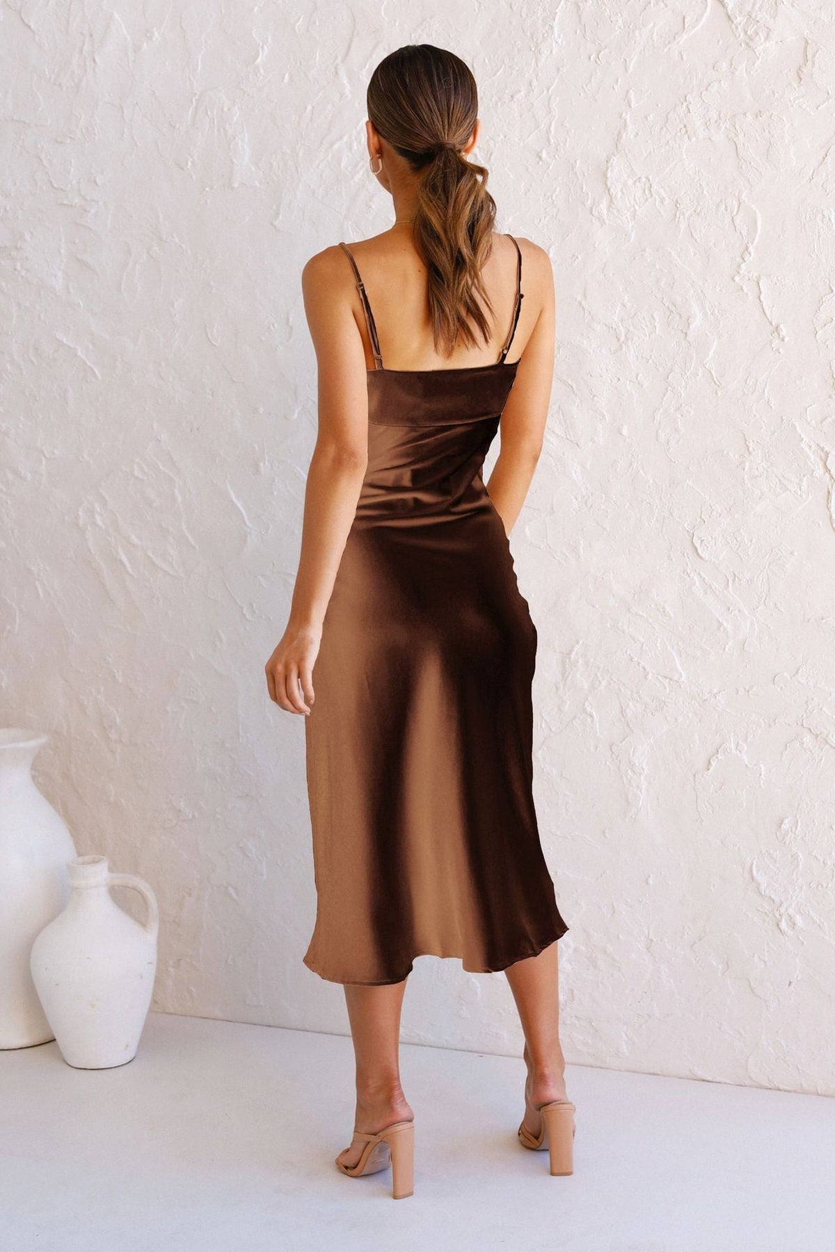 Satin Cowl Neck Strappy High-Slit Midi Dress