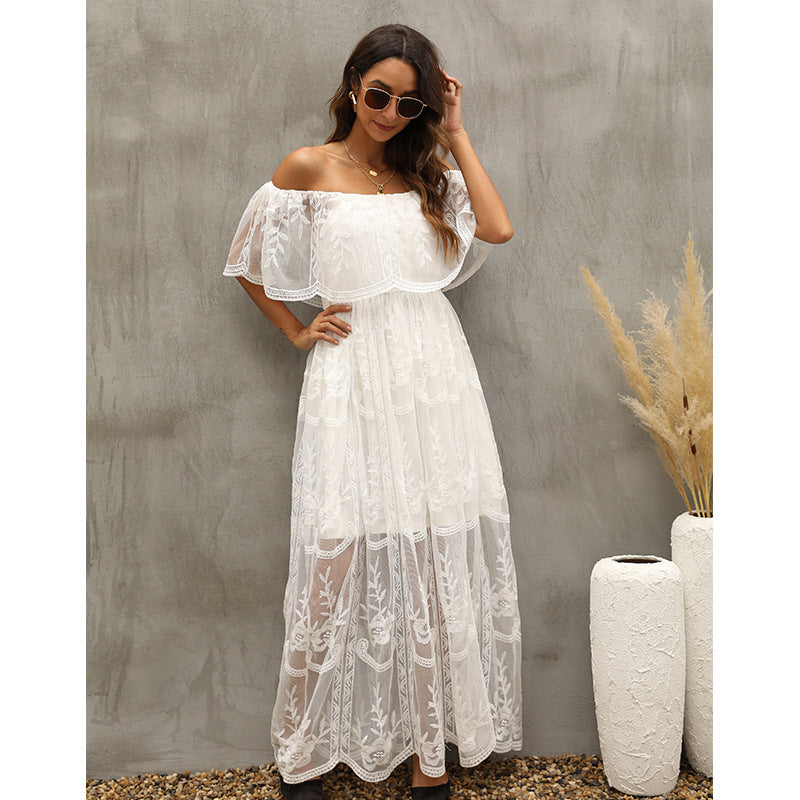 Embroidered Lace Off Shoulder Tiered Maxi Dress