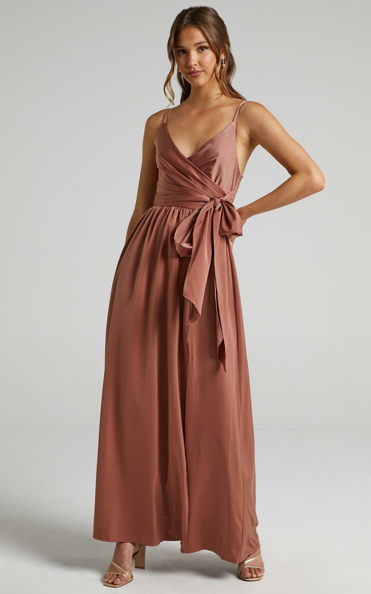 Satin V-Neck Spaghetti Strap Wrap Tie Maxi Dress