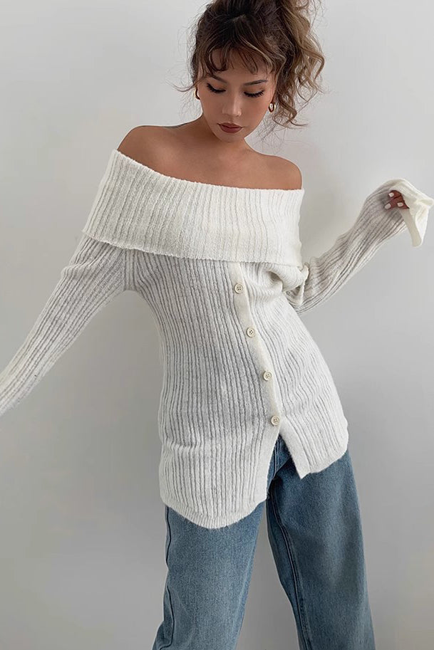 Off Shoulder Ruched Sweater with Buttoned Front Detail