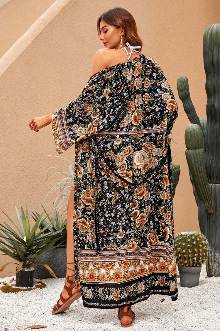 Floral Print Long Sleeve Button Front Kimono Maxi Dress