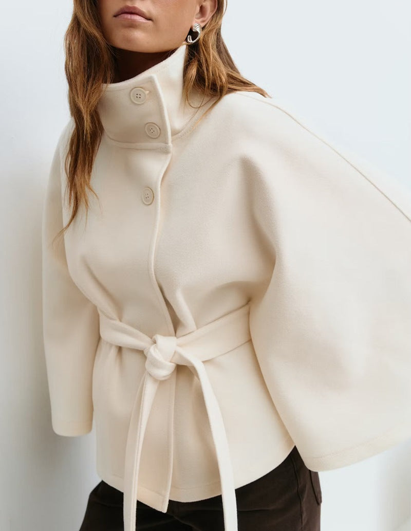 Solid Color Stand Collar Belted Cape Trench Coat for Elegance