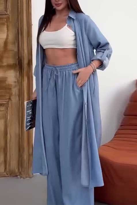 Sophisticated Single-Breasted Coat with Wide-Leg Pants Set