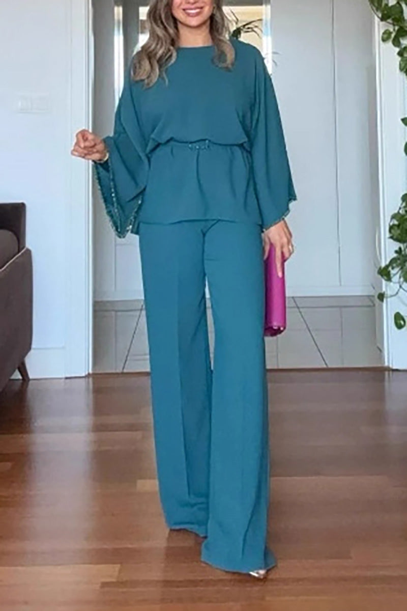 Rhinestone long-sleeved top and wide-leg pants set