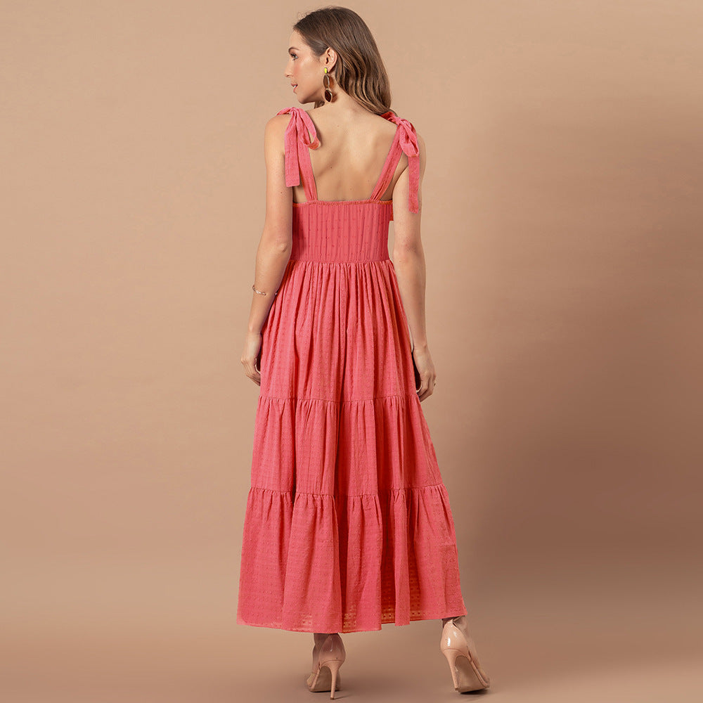 V-Neck Tie Shoulder Smocked Waist Tiered Maxi Dress
