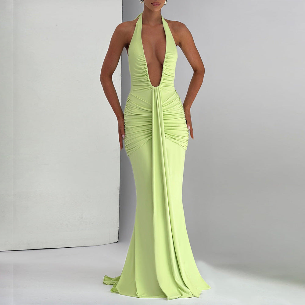 Plunge Halter-Neck Ruched Fishtail Mermaid Gown 4