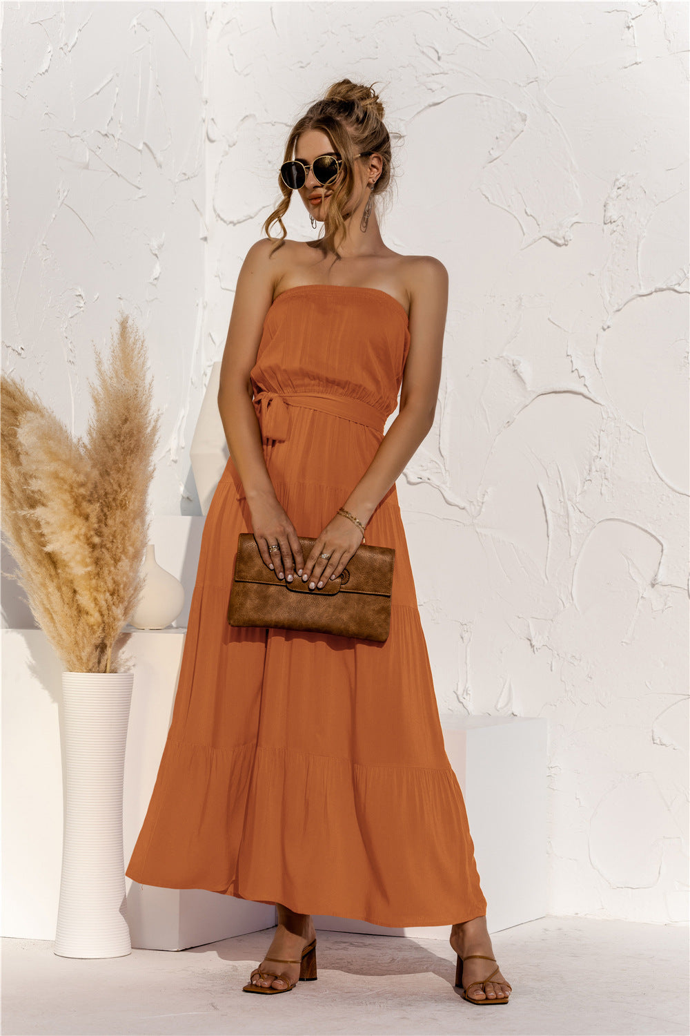 Strapless Tiered Belted Maxi Dress