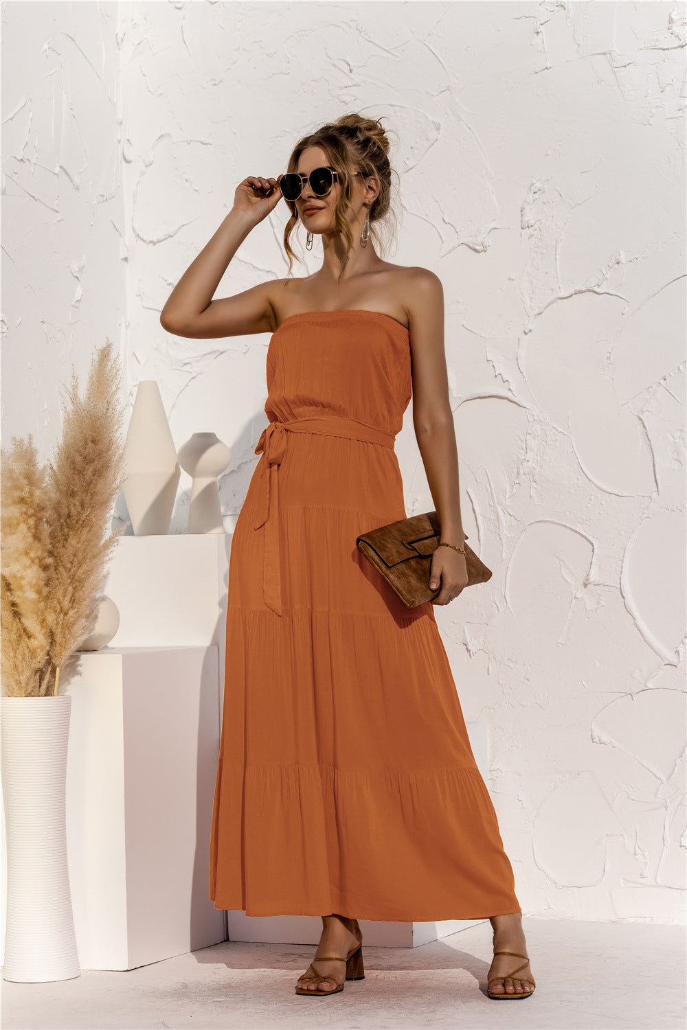 Strapless Tiered Belted Maxi Dress