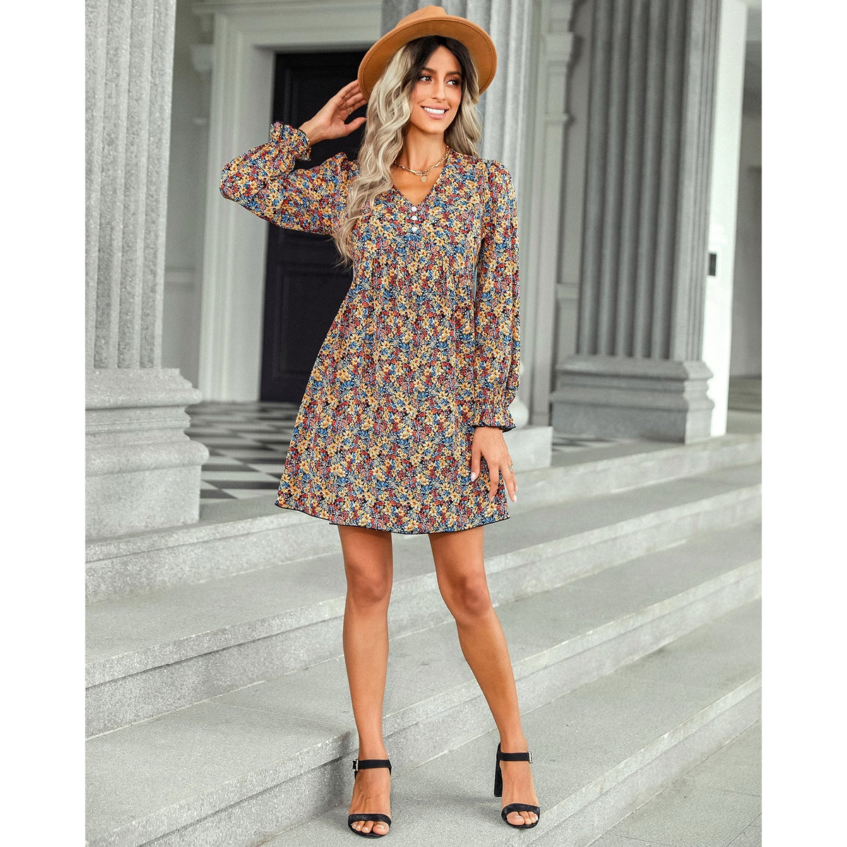 Floral Print V-Neck Long Sleeve Shift Mini Dress