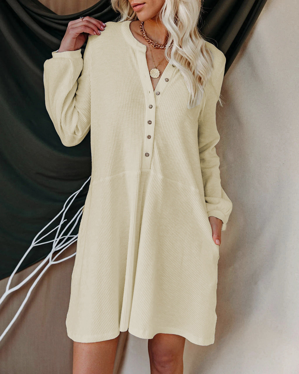 Ribbed Knit Button Front Long Sleeve Mini Dress 3