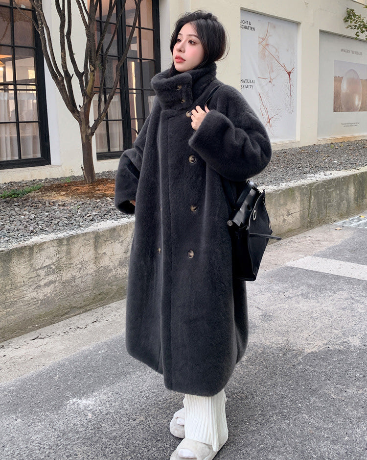 Double-Breasted Faux Mink Fur Long Coat with Stand-Up Collar