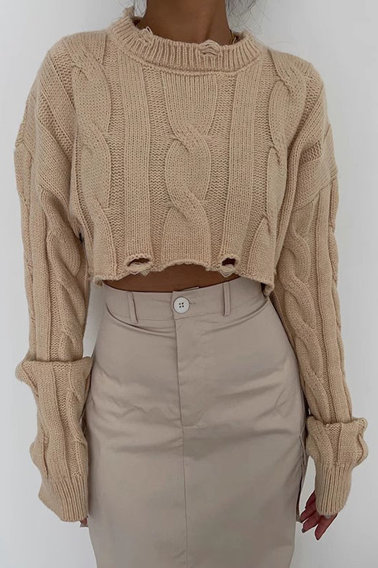 Ripped Crew Neck Cable Knit Crop Sweater for Stylish Comfort