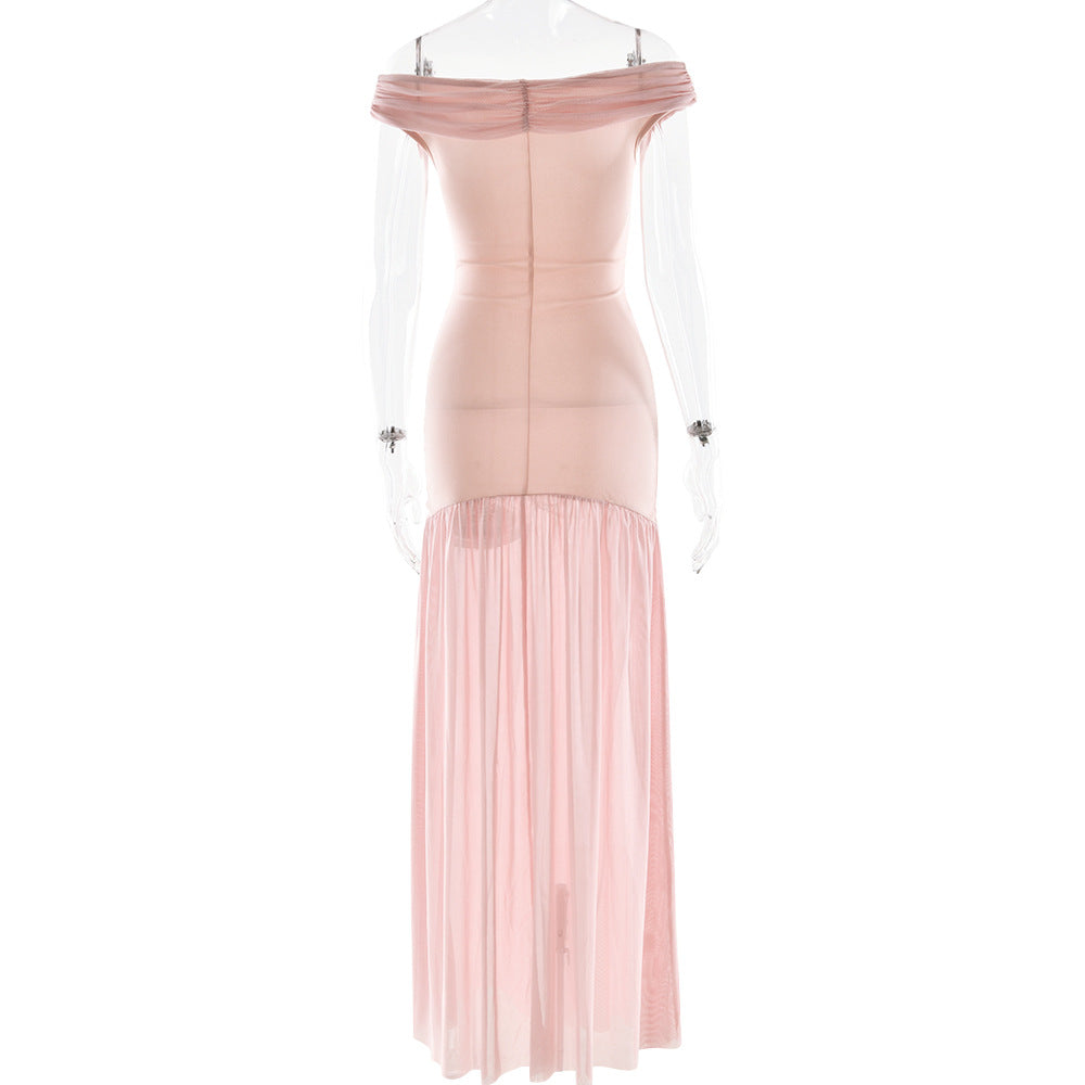 Off-Shoulder Ruched Brooch Drop-Waist Chiffon Maxi Gown 13