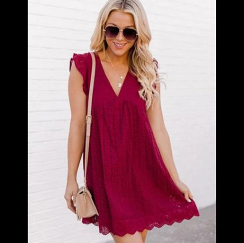 V-Neck Cap Sleeve Eyelet Scalloped Babydoll Mini Dress