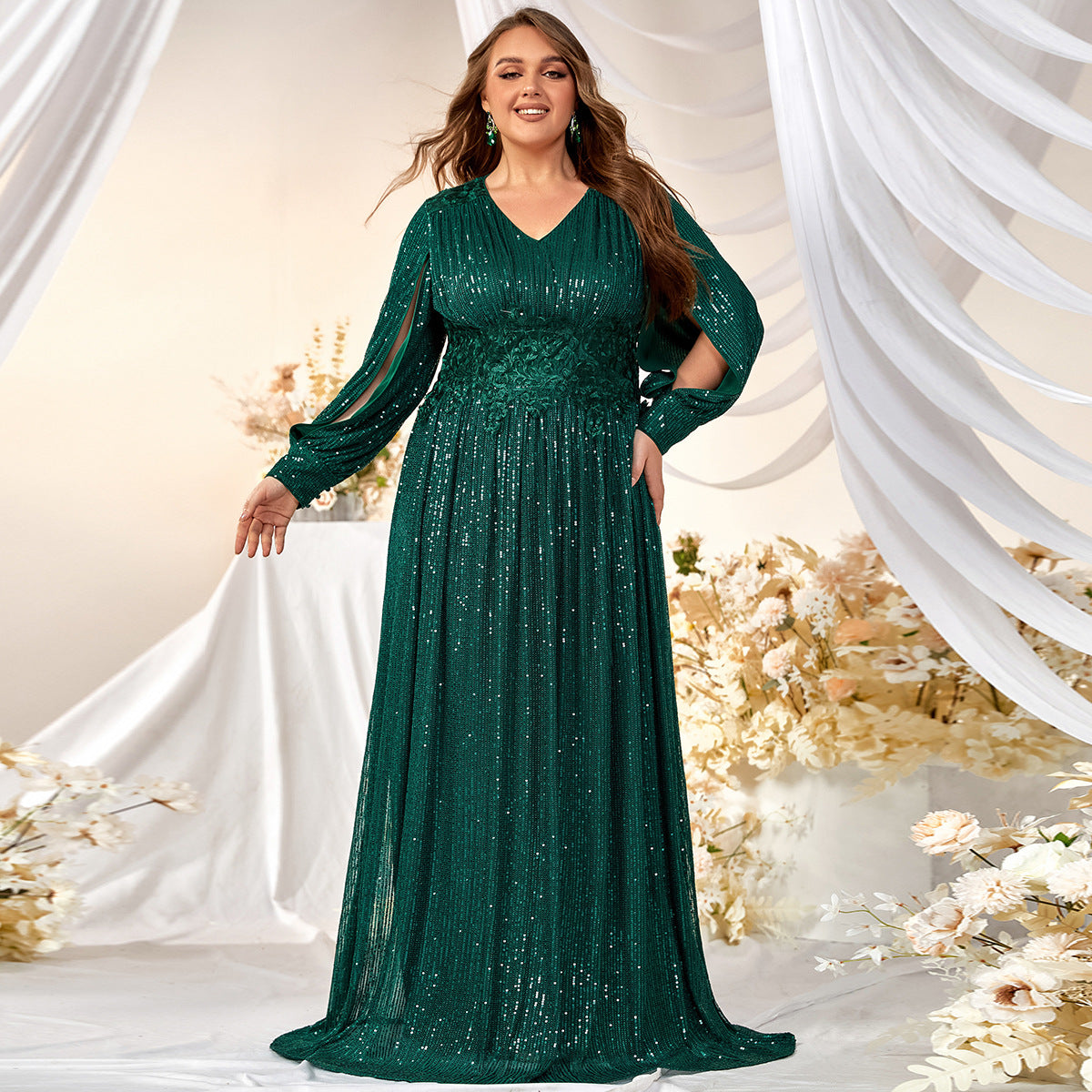 Sequin V-Neck Long Sleeve Lace Waist A-Line Gown