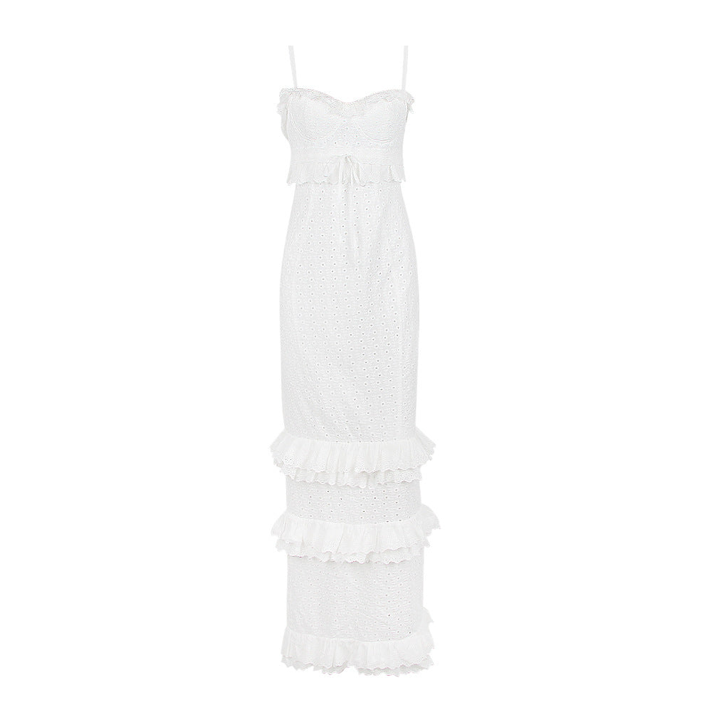 Eyelet Lace Corset Tie Front Tiered Ruffle Spaghetti Strap Maxi Dress - View 5