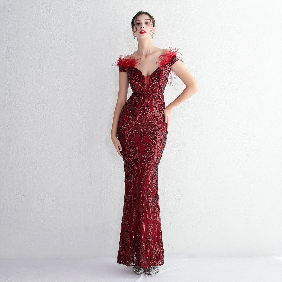 Off Shoulder Feather Deep V-Neck Sequin Mermaid Gown - View 8