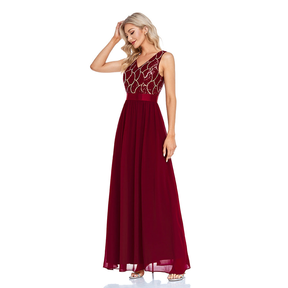 Sequin V-Neck Sleeveless Chiffon A-Line Maxi Gown