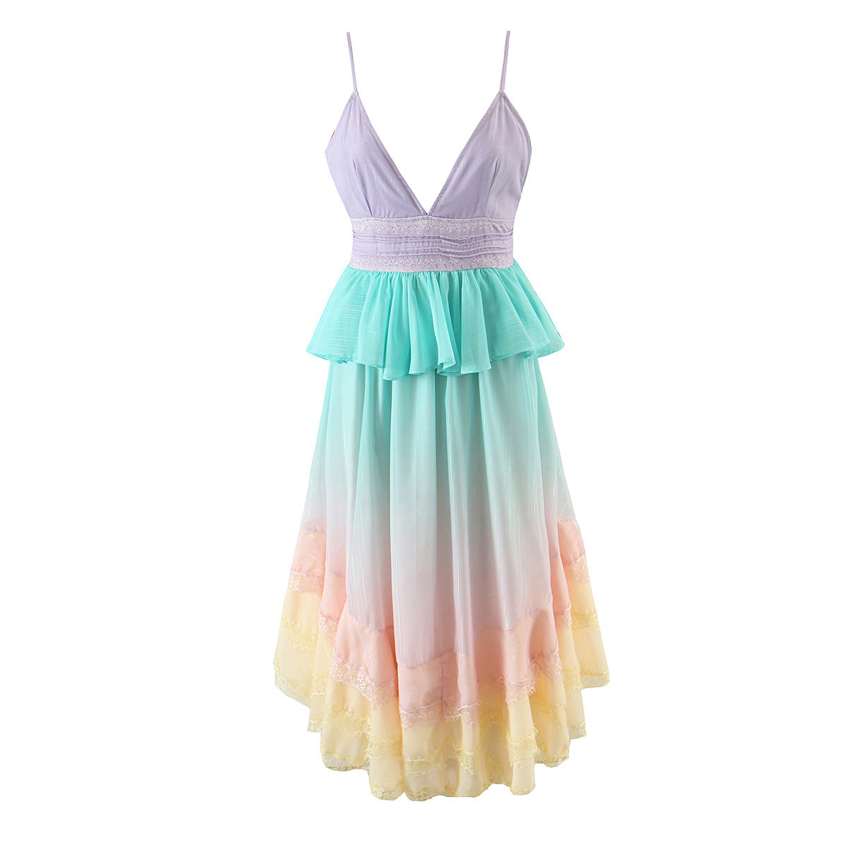 Metallic V-Neck Lace Trim Tiered Maxi Dress