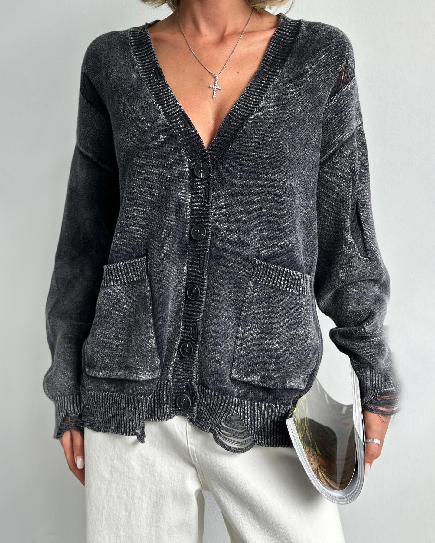 Cozy Distressed V-Neck Wool Cardigan for Effortless Style