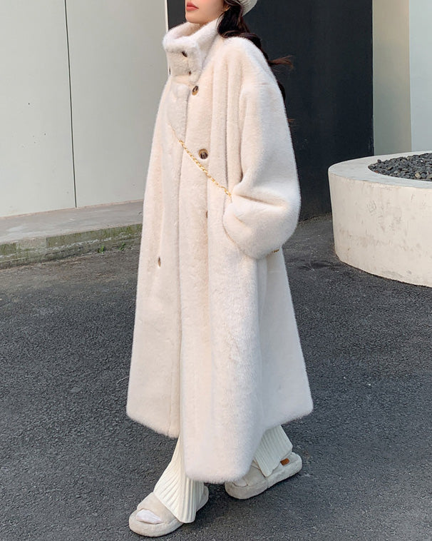 Double-Breasted Faux Mink Fur Long Coat with Stand-Up Collar