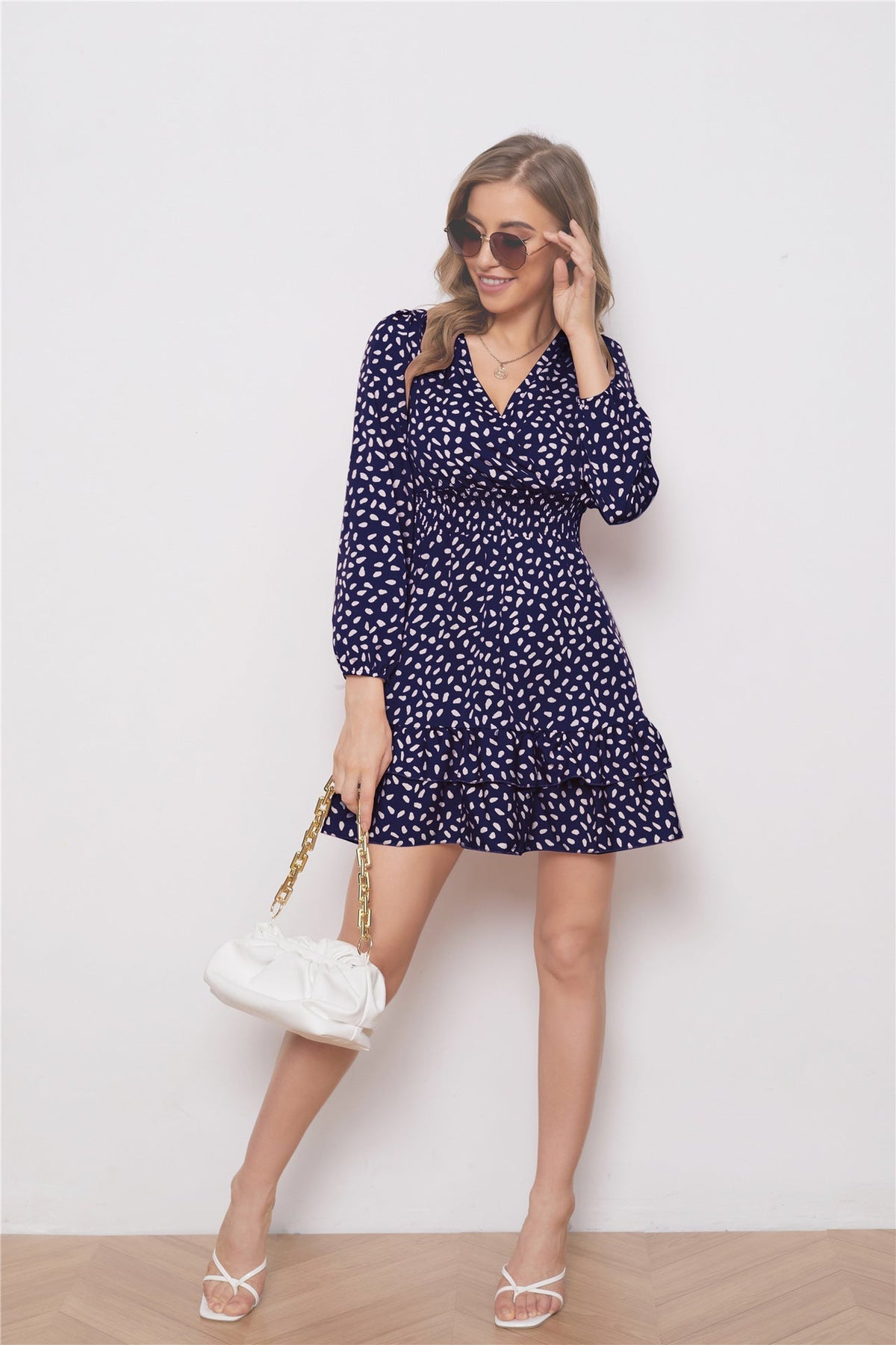 Spotted Print V-Neck Long Sleeve Tiered Ruffle Mini Dress