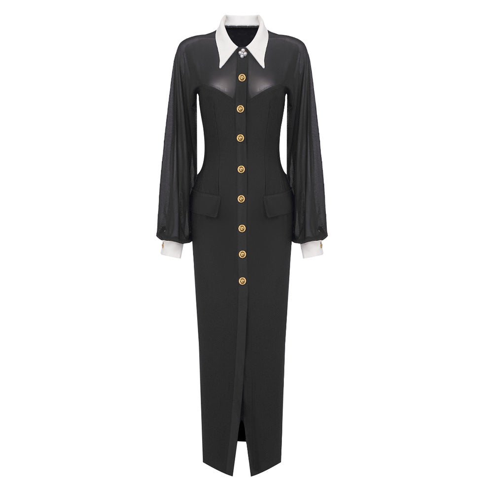 White Collar Black Long Sleeve Mesh Maxi Dress Open Button Cardigan Dress Catwalk - View 2