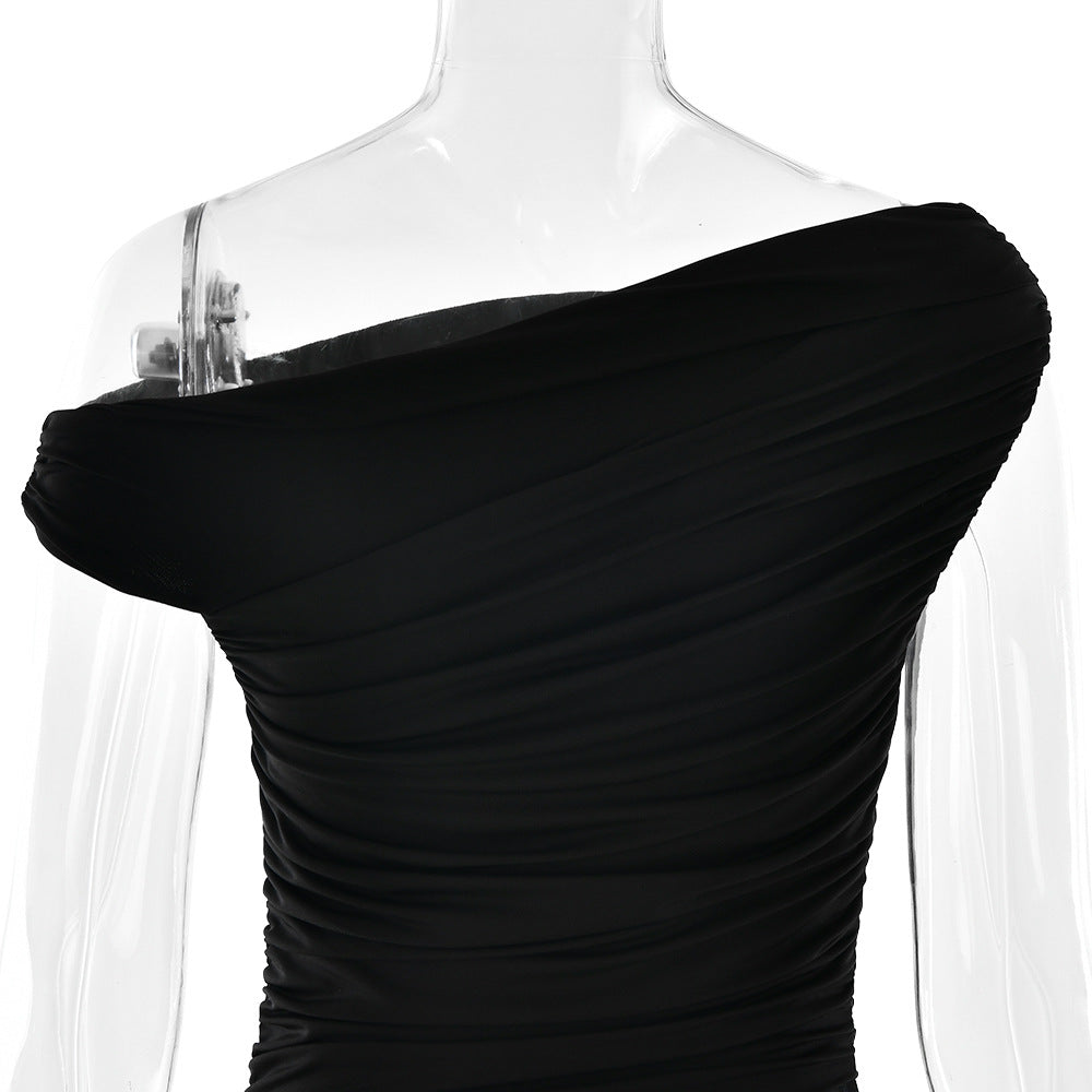 One-Shoulder Ruched Mesh-Cutout Column Maxi Gown 10