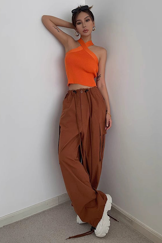 Zip Detail Drawstring Waist Cargo Pants