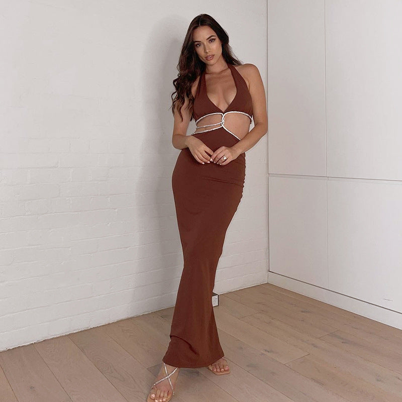 Halter Neck Rhinestone Cutout Bodycon Maxi Dress