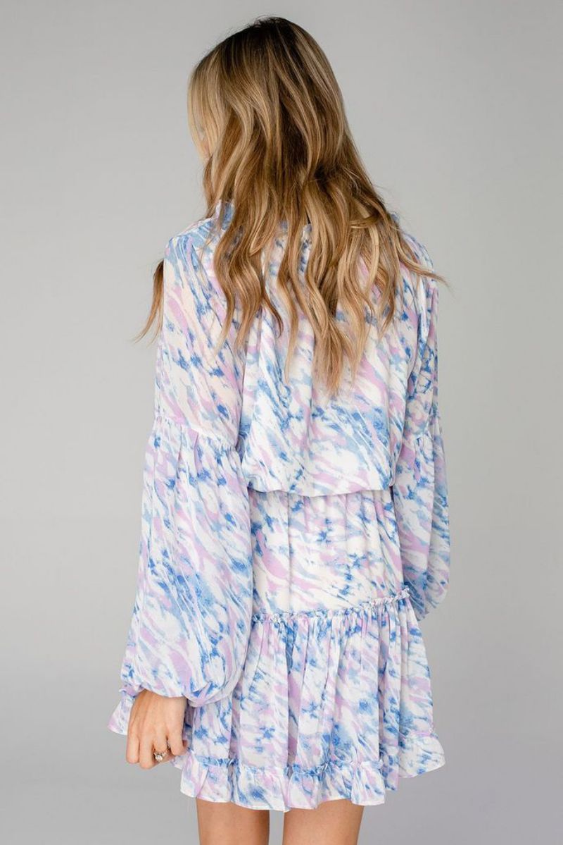 Chiffon V-Neck Long Sleeve Tiered Ruffle Mini Dress