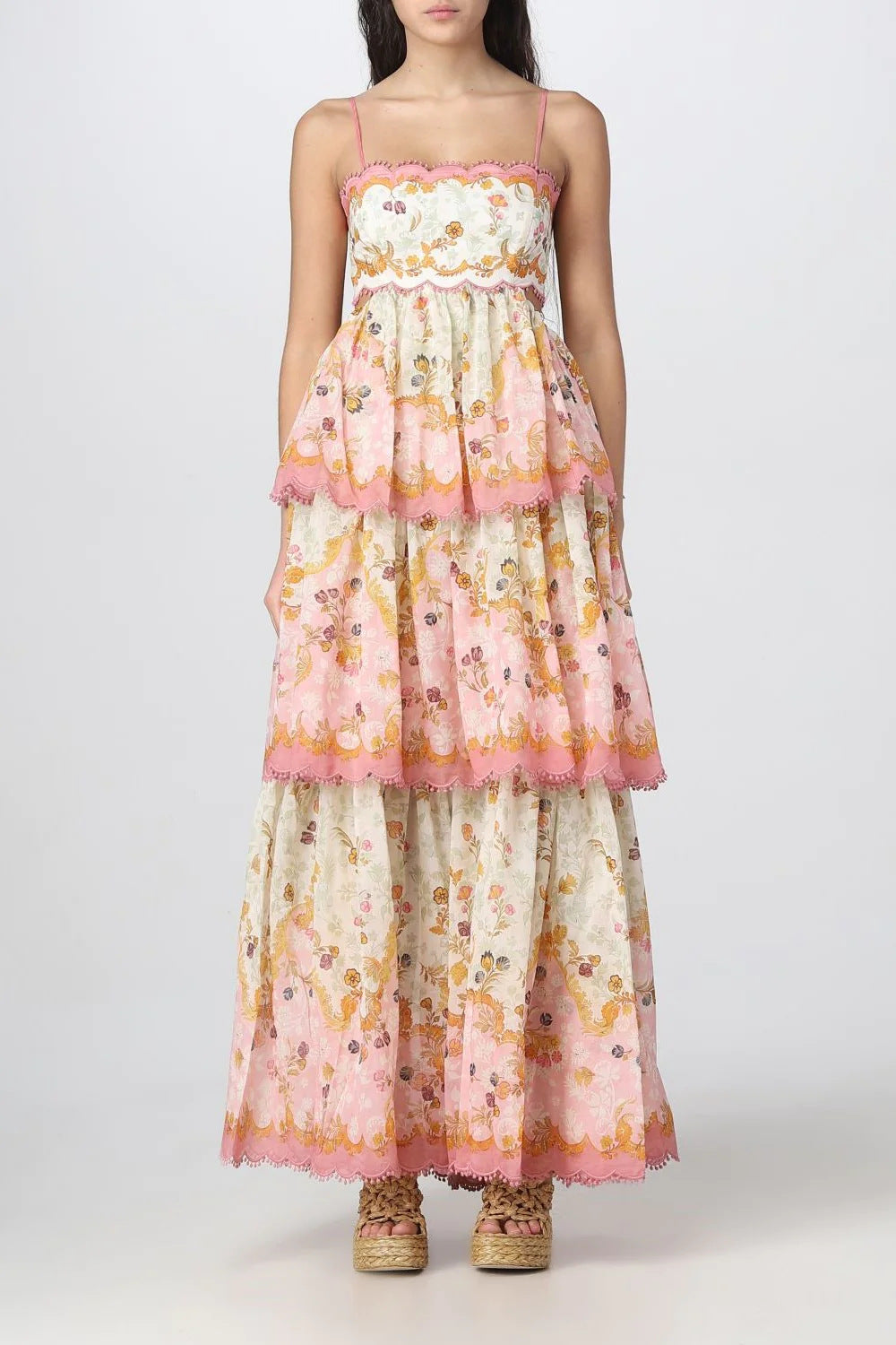 Floral Spaghetti Strap Scalloped Cut Out Tiered Midi Dress - View 2