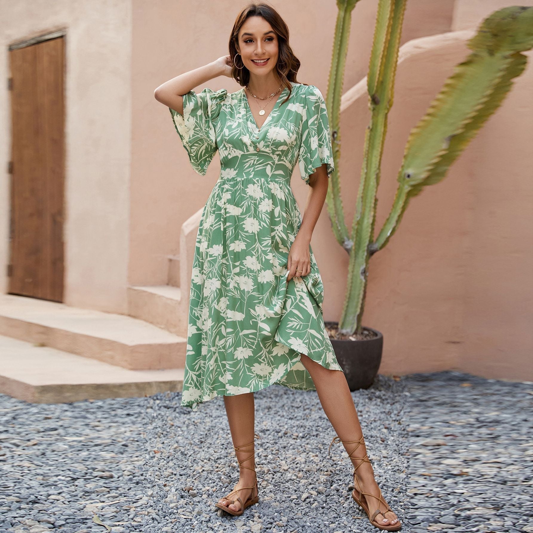 Printed V neck Short Sleeve Waist Controlled Dress Bohemian Holiday Party Beach Dress - Fashionpara