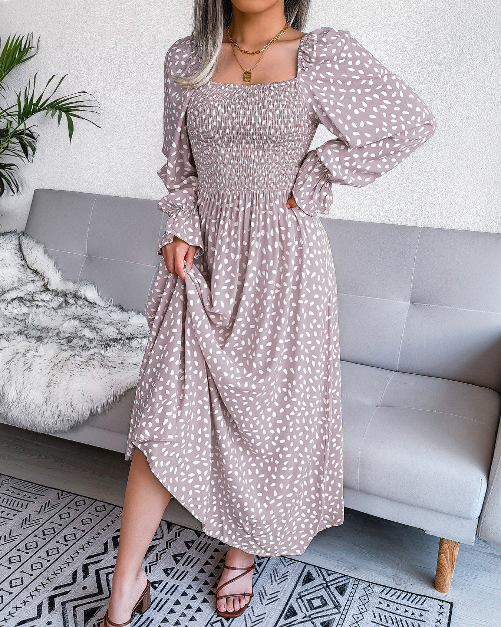 Animal Print Square Neck Long Sleeve Smocked Midi Dress