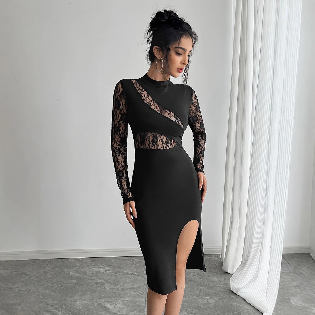 Lace Panel Mock Neck Long Sleeve High Split Bodycon Midi Dress - View 3