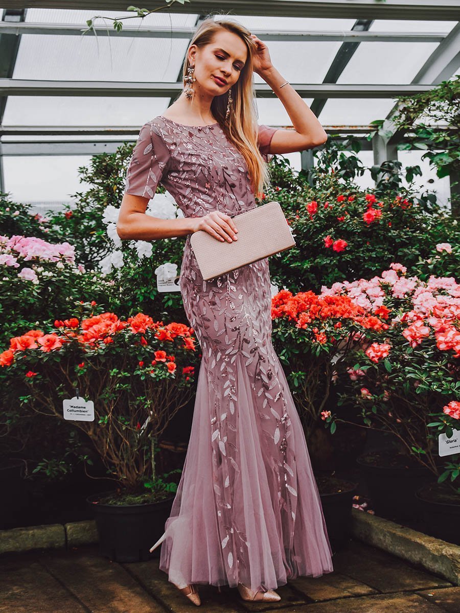 Sequin Round Neck Short Sleeve Mermaid Maxi Gown - View 3