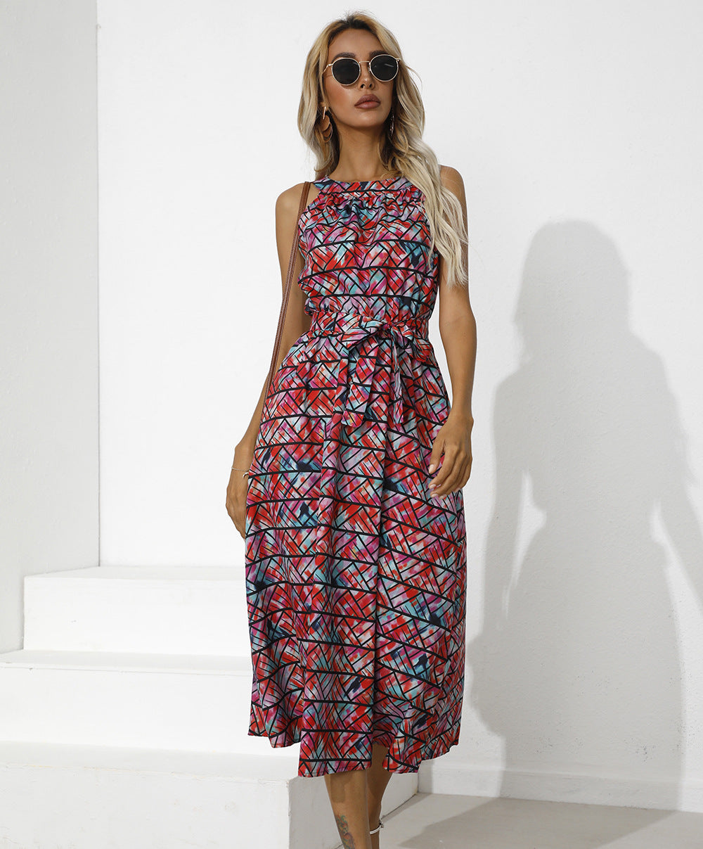 Abstract Print Sleeveless Tie Waist Midi Dress
