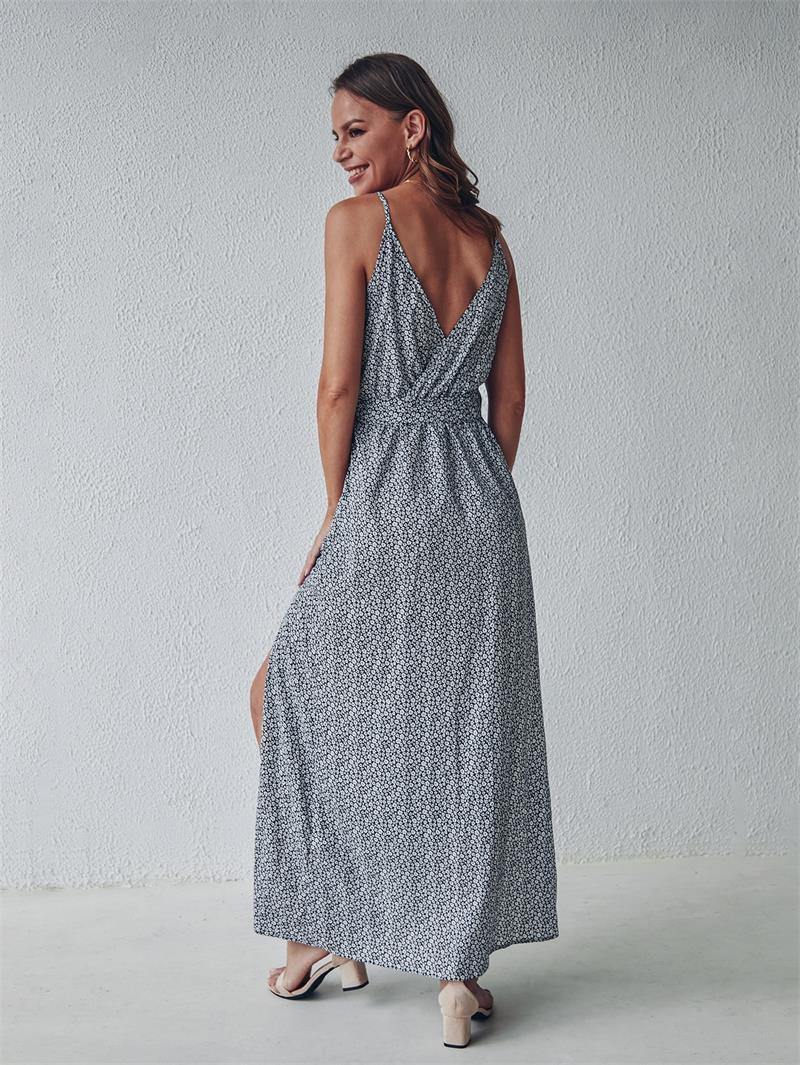 Floral Print V-Neck Wrap Spaghetti Strap Slit Maxi Dress