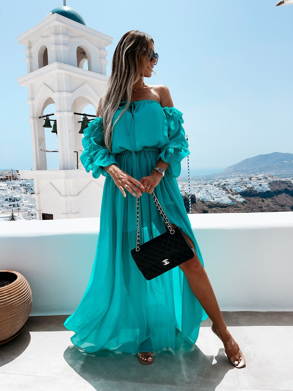 Off Shoulder Puff Sleeve Chiffon Maxi Dress