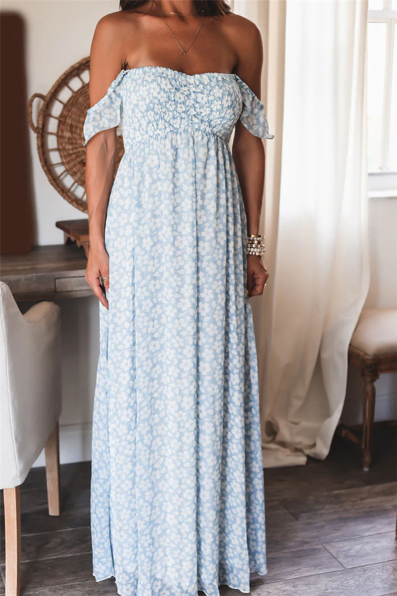 Floral Print Off Shoulder Smocked Empire Maxi Dress