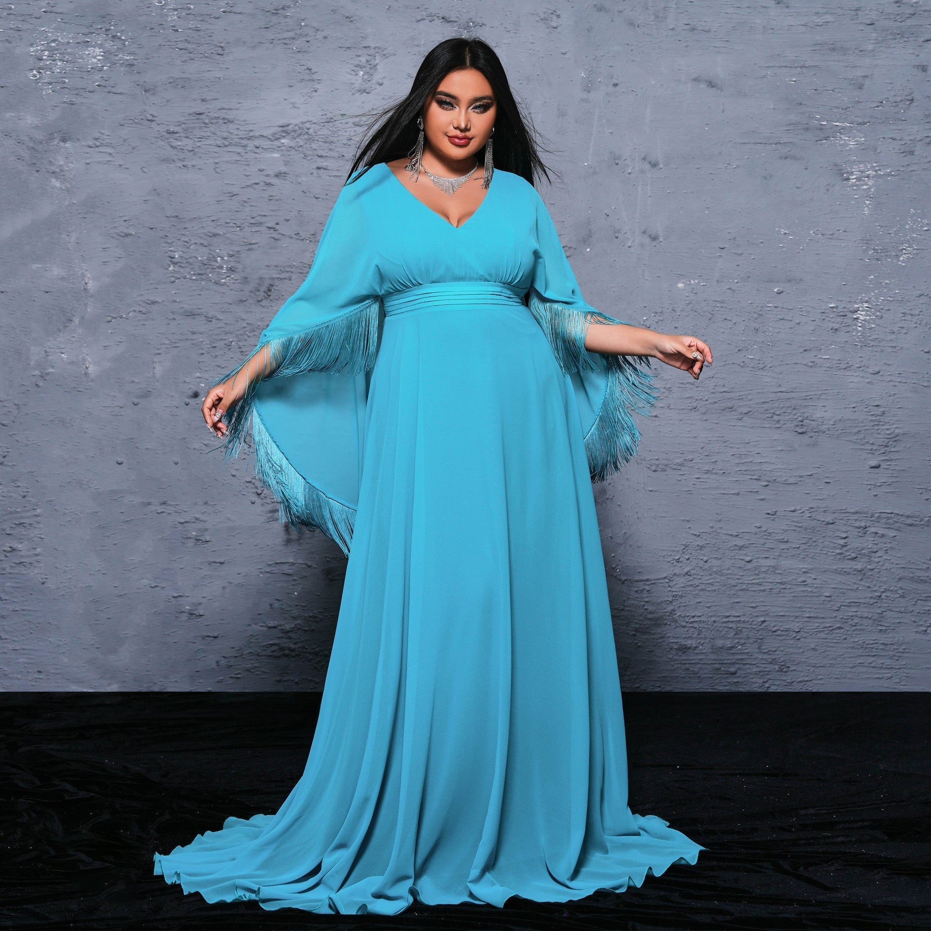Plus Size Long V Neck Cocktail Long Wrap Evening Dress Large Swing Dress - Fashionpara