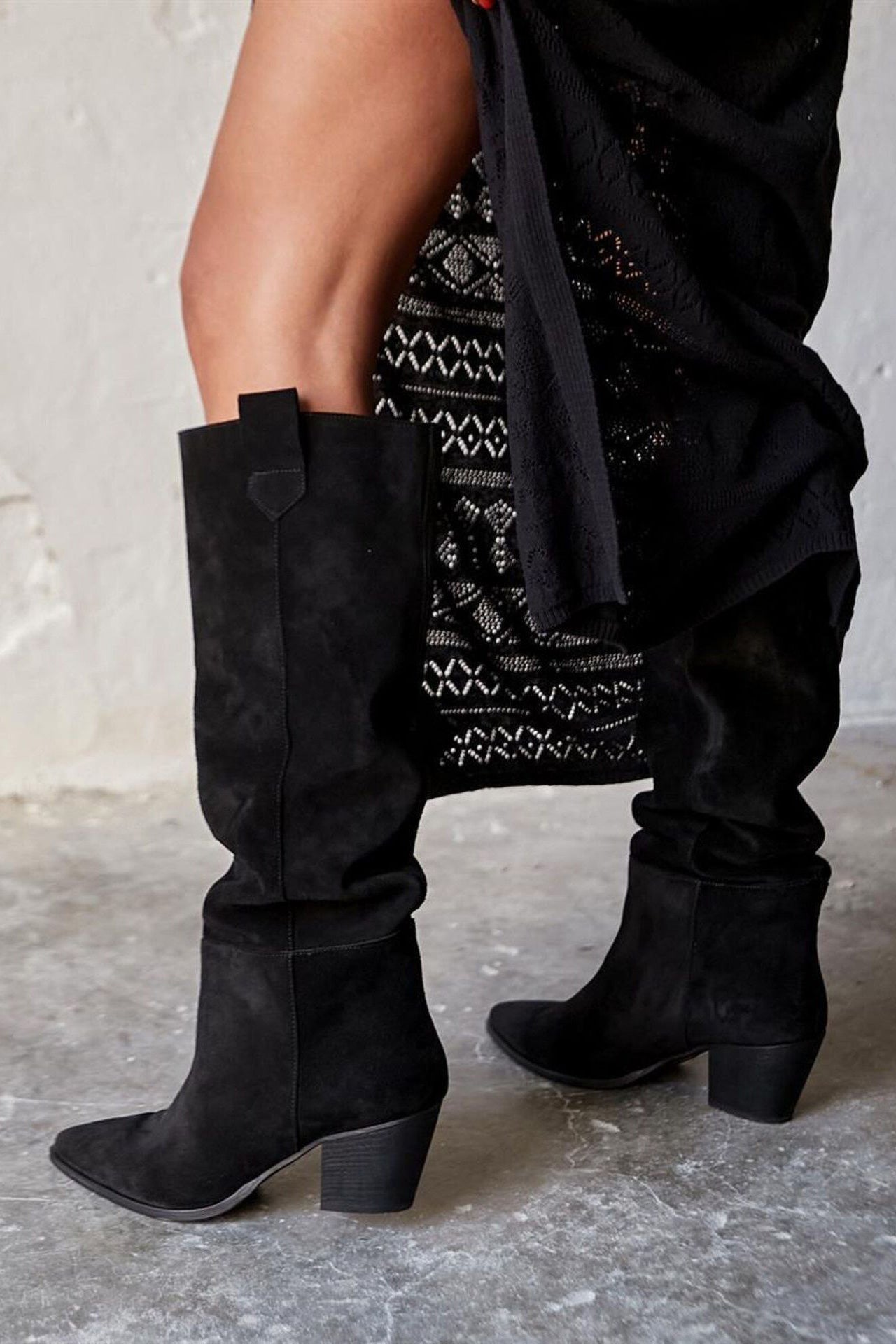 Suede pointed toe chunky heel knee high boots