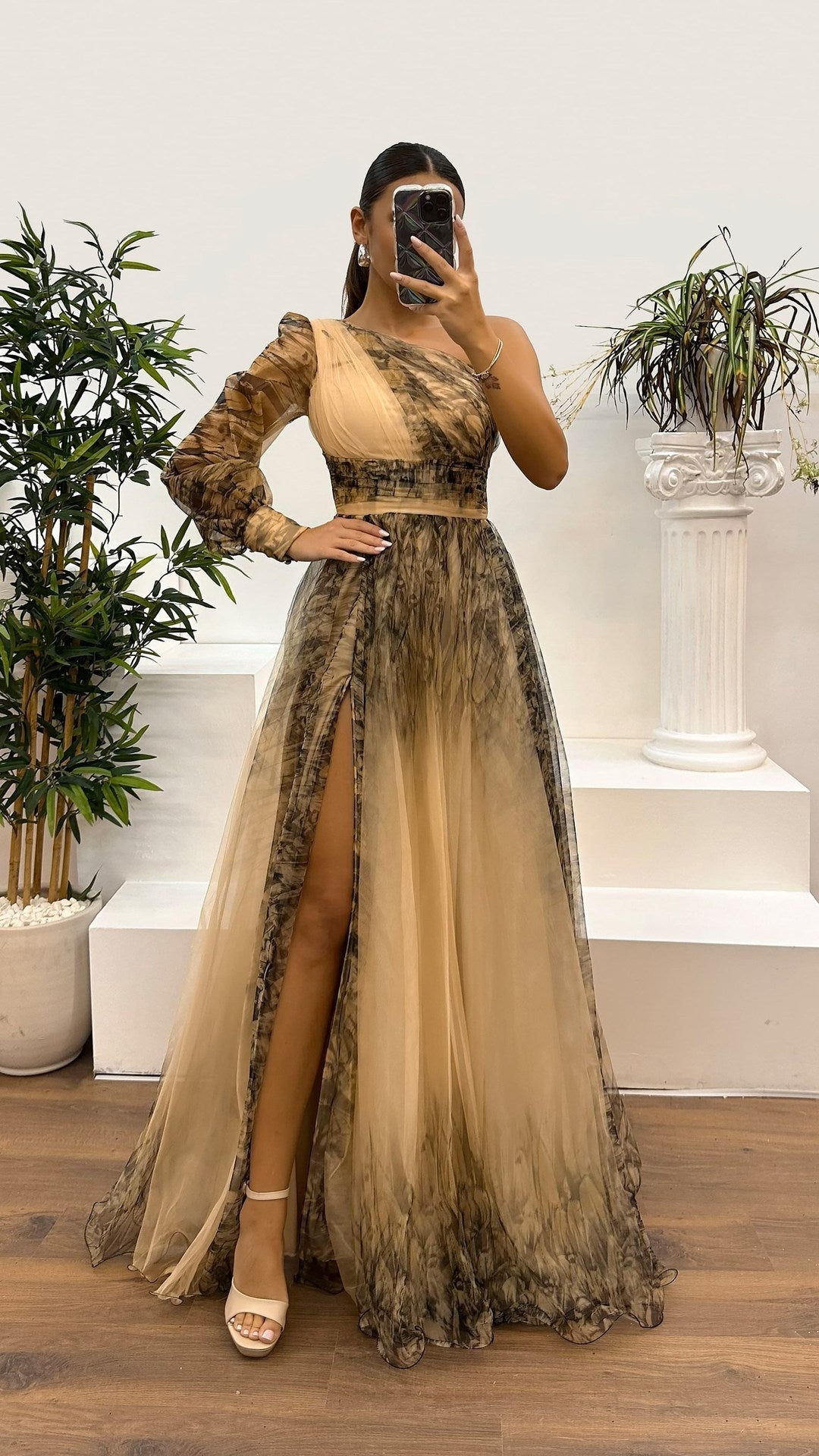 Floral design on the shoulder One-shoulder mesh print evening gown dress