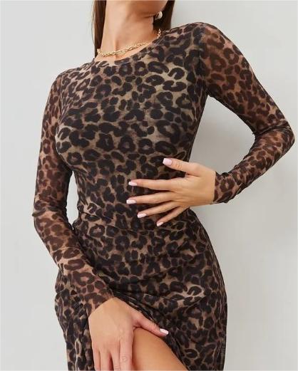 Leopard Print Long Sleeve Mesh Midi Dress