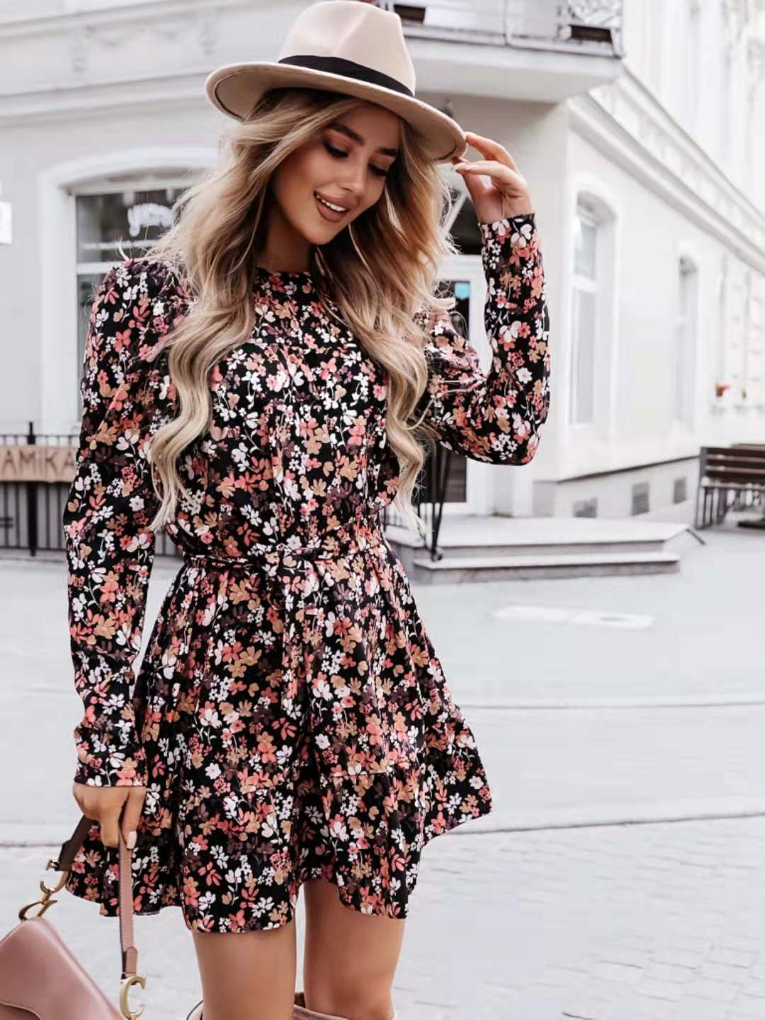 Floral Long Sleeve High Neck Tiered Ruffle Mini Dress