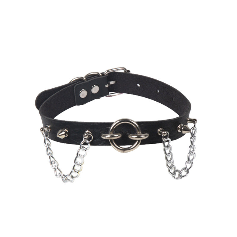 Personality O-Ring Rivet Chain Pu Necklace Black Halloween
