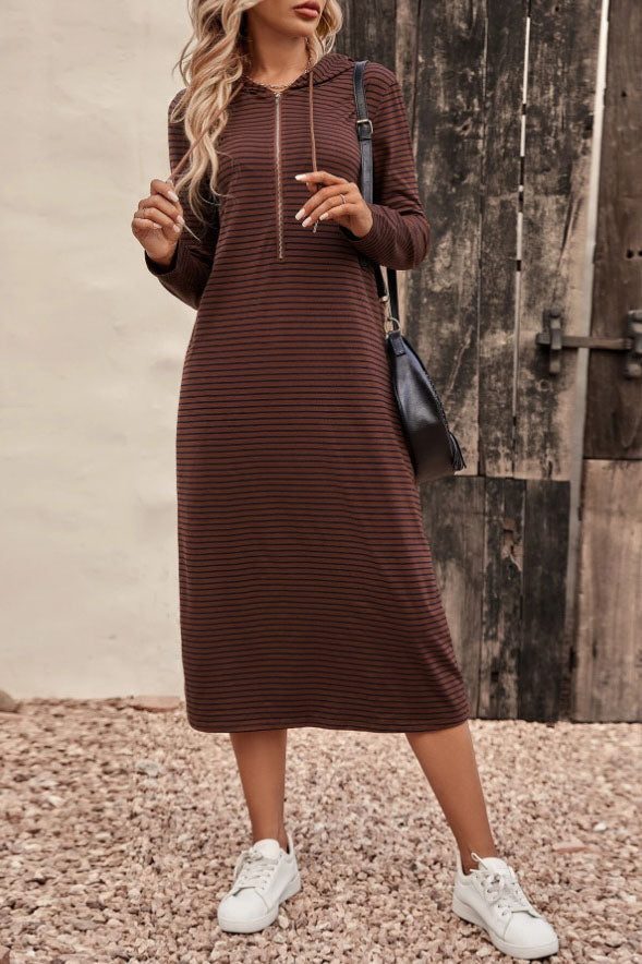 Striped hooded slim long sleeve dress
