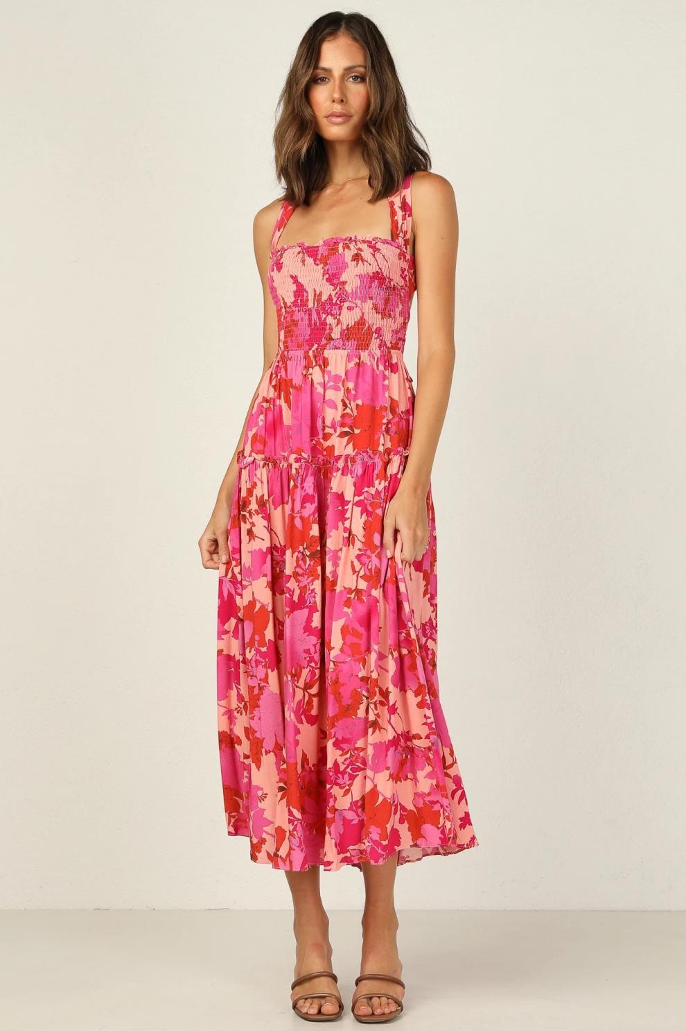 Floral Print Square Neck Smocked Tiered Midi Dress