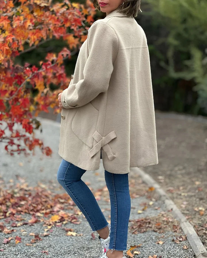 Stylish Large Pocket Side Bow Woolen Coat for Chic Looks